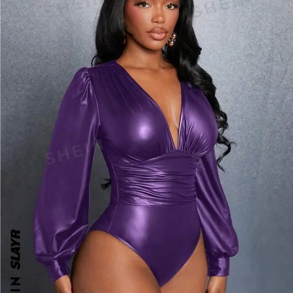 Purple PU Leather Women's Bodysuit - Picture 3 of 7